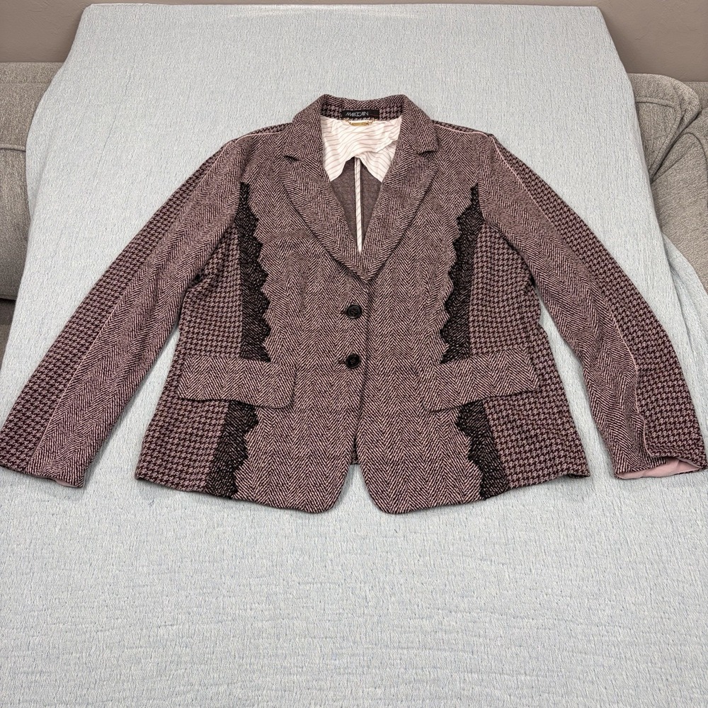 Marc Cain Houndstooth Herringbone Button Up Lace Blazer N7 US Size 14